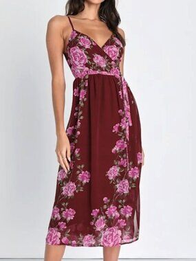 NWT • Lulus • Burgundy Floral Print Midi Wrap Dress • Size S